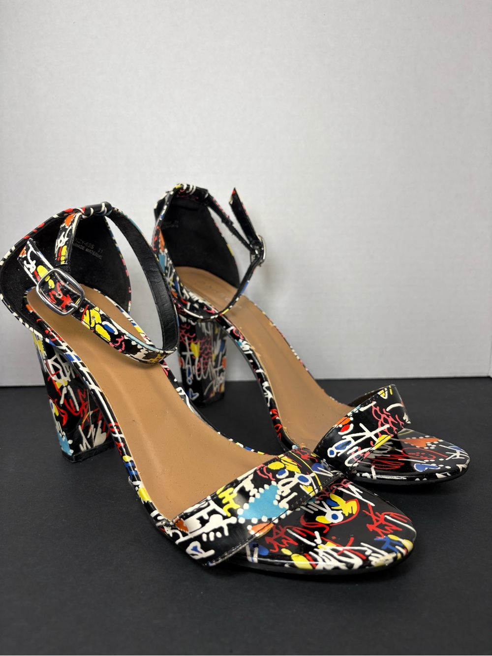 Block Heels BAMBOO Black Multi-Color Graffiti Ankle Strap Sandals